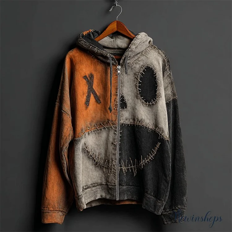 Halloween Pumpkin Face Colorblock Patchwork Full Zip Hoodie