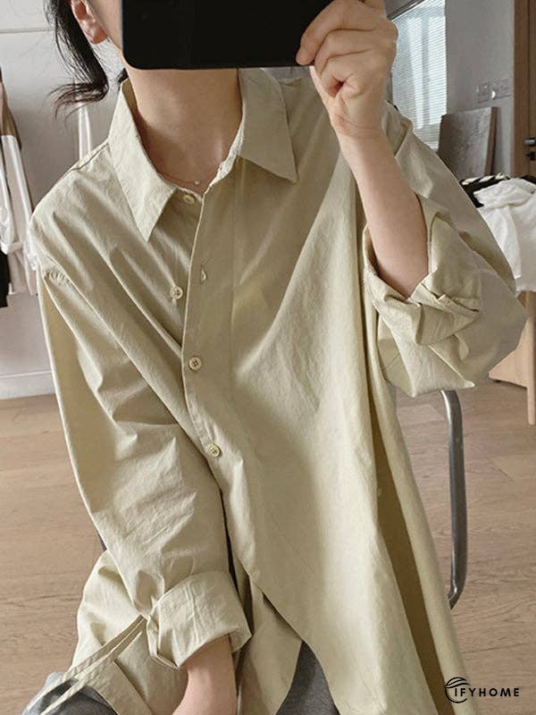 Loose Long Sleeves Frenum Solid Color Lapel Blouses | IFYHOME