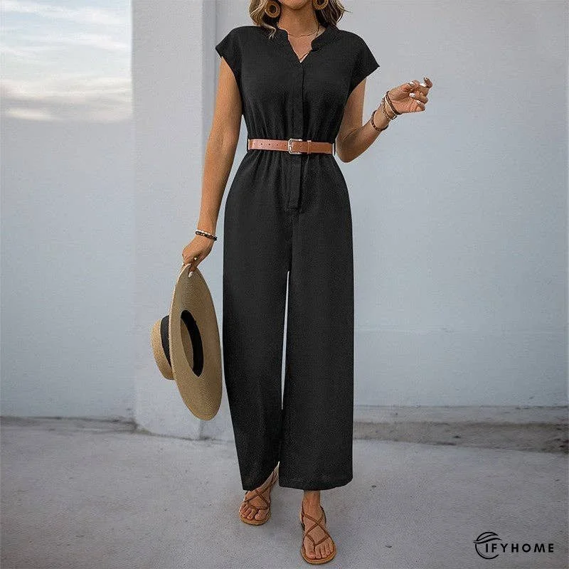 Solid Color Short Sleeve Stand Collar Jumpsuit | IFYHOME