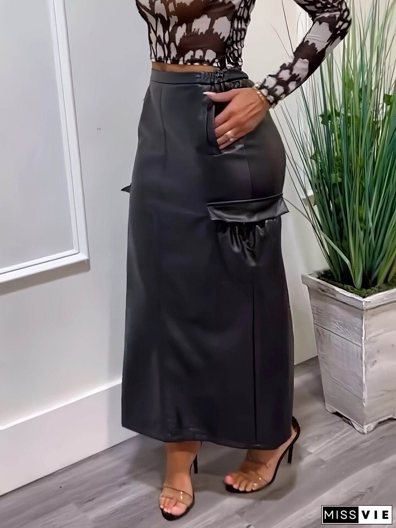 [Elegant Leather Skirt] High-Waist Synthetic Leather Women's Midi Skirt - Black, Ruched Detail, Non-Stretch, Spring/Summer Fashion, Stylish Daily Attire | Vented Hem Skirt | Smooth Texture Fabric with Side Pockets