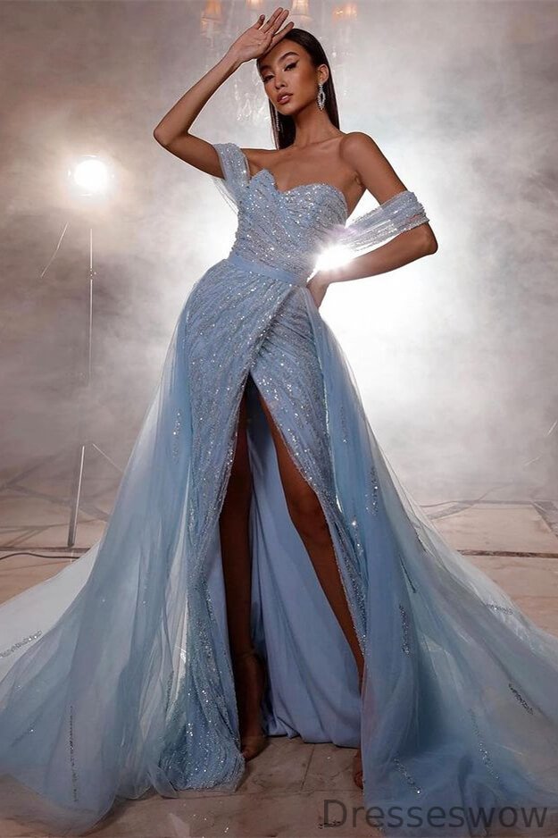 Dresseswow Sky Blue Off-the-Shoulder Prom Dress Mermaid Split Tulle With Beadings