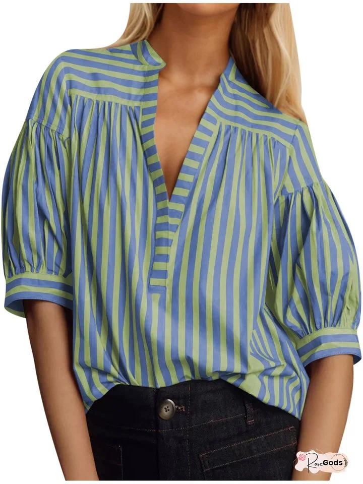 New Women's Fashion Wild Loose Striped Shirt Short Sleeve Lantern Sleeve