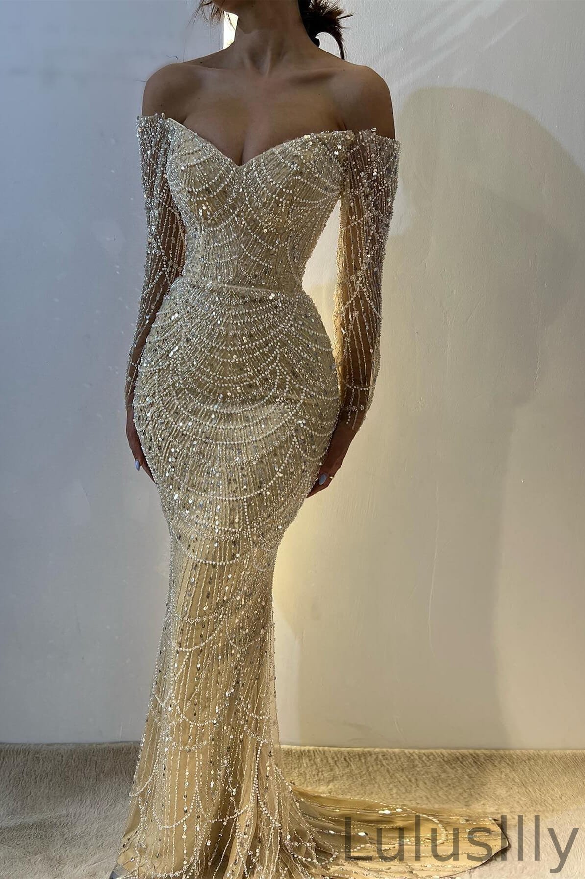 Stunning Off-the-Shoulder Long Sleeves Evening Prom Dress Mermaid Sequins Beadings With Pearls - lulusllly