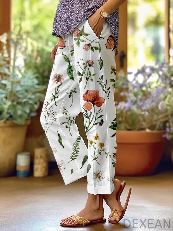 Women's Botanical Floral Design Printed Loose Pocket Patchwork Casual Pants