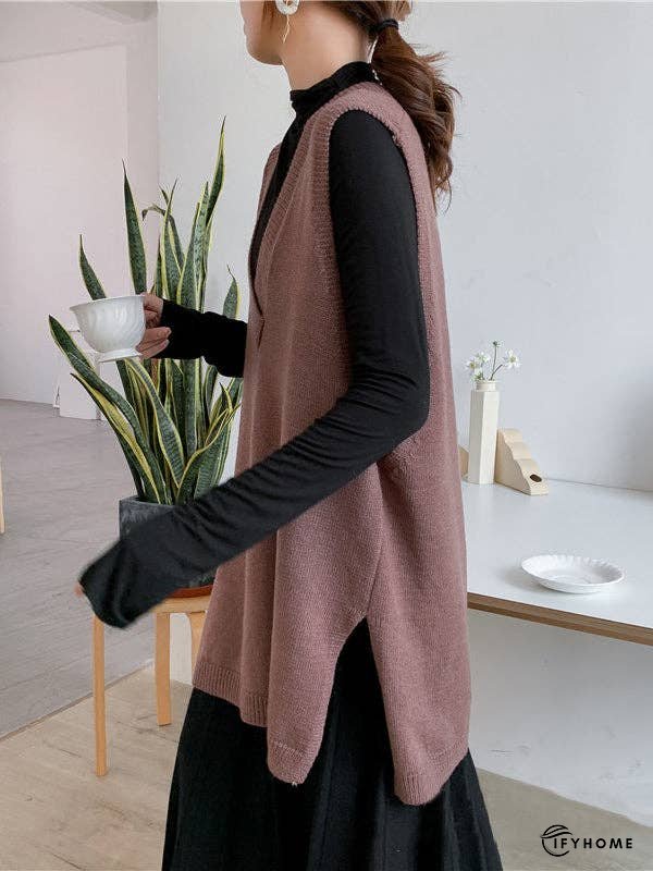 Trendy Sleeveless Split-Side Solid Color V-Neck Knitted Vest | IFYHOME