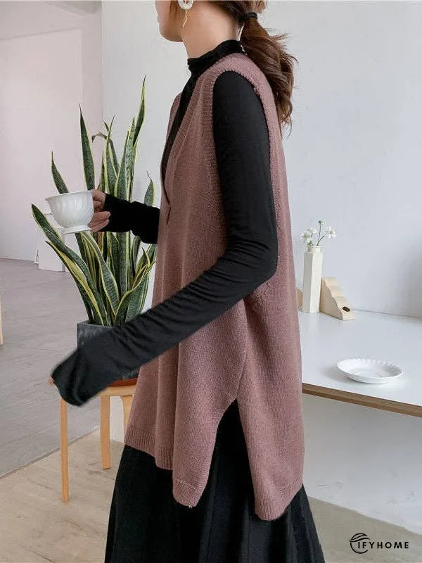 Trendy Sleeveless Split-Side Solid Color V-Neck Knitted Vest | IFYHOME