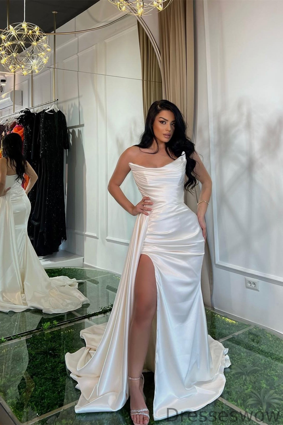 Dresseswow White Strapless Sleeveless Mermaid Prom Dress Pleats With Split Ruffles