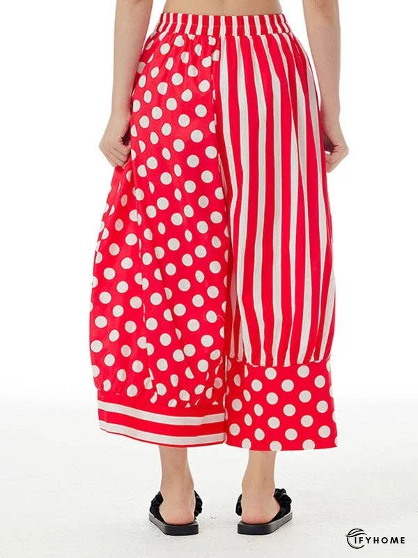 Loose Wide Leg Contrast Color Elasticity Polka-Dot Split-Joint Striped Cropped Trousers Pants | IFYHOME