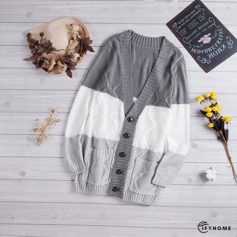 Contrasting Striped Open Front Twist Flower Mid-Length Sweater | IFYHOME
