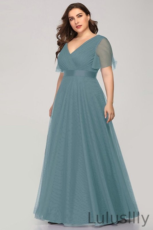 Gorgeous Plus Size Short Sleeve Prom Dress Long Tulle Evening Gowns - lulusllly