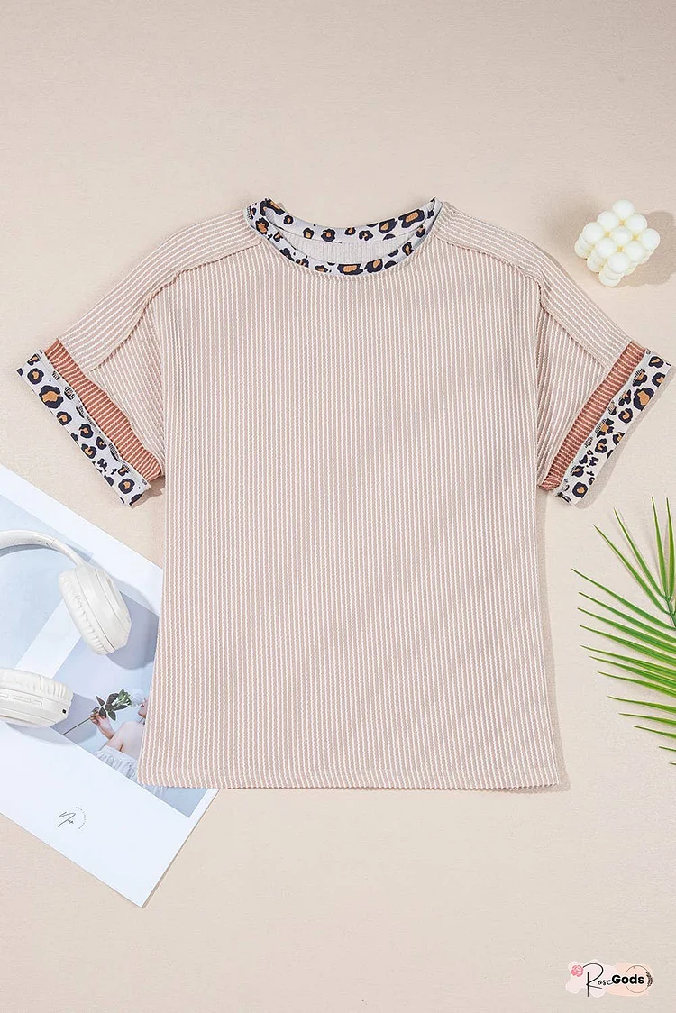 Leopard Patchwork Corded Knit Crew Neck T Shirt