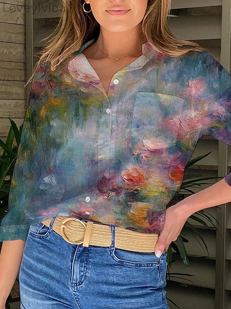 Claude Monet Style Spring Pond And Floral Oil Painting Art Printed Women's Casual Shirt