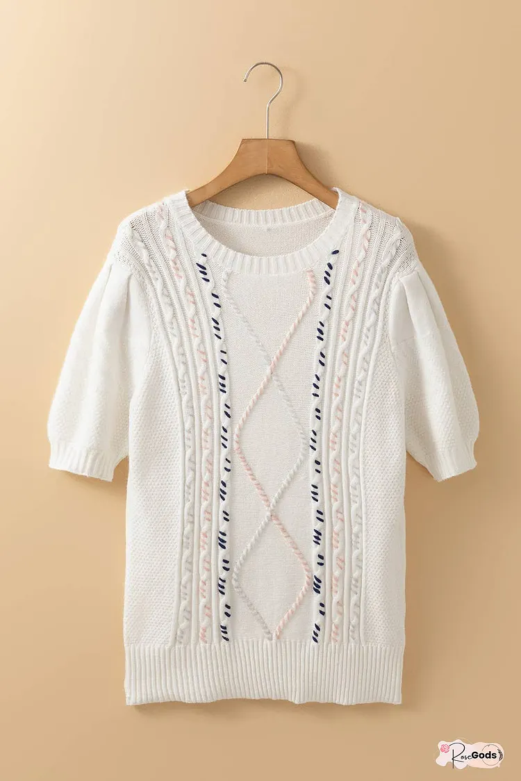 Multicolor Stitch Detail Cable Knit Short Sleeve Sweater