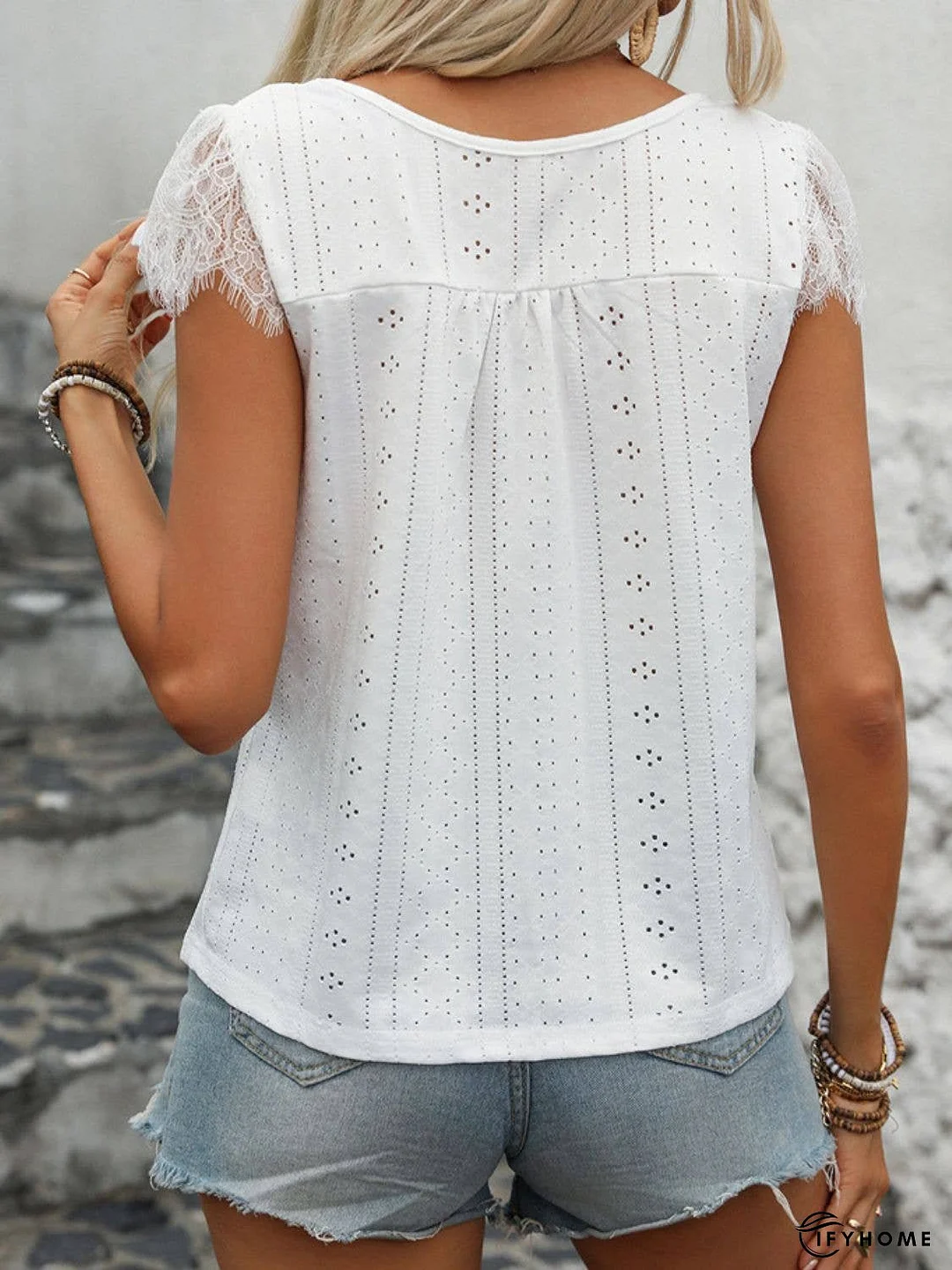 Eyelet Lace Detail V-Neck Cap Sleeve Top | IFYHOME