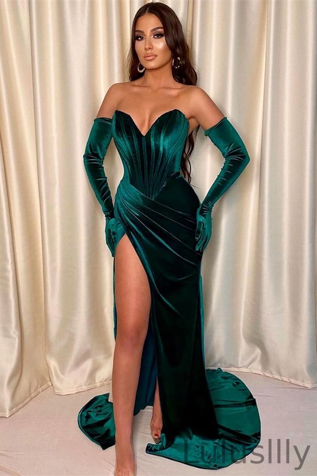 Gorgeous Emerald Green Sweetheart Mermaid Evening Dress Mermaid Velvet With Slit - lulusllly