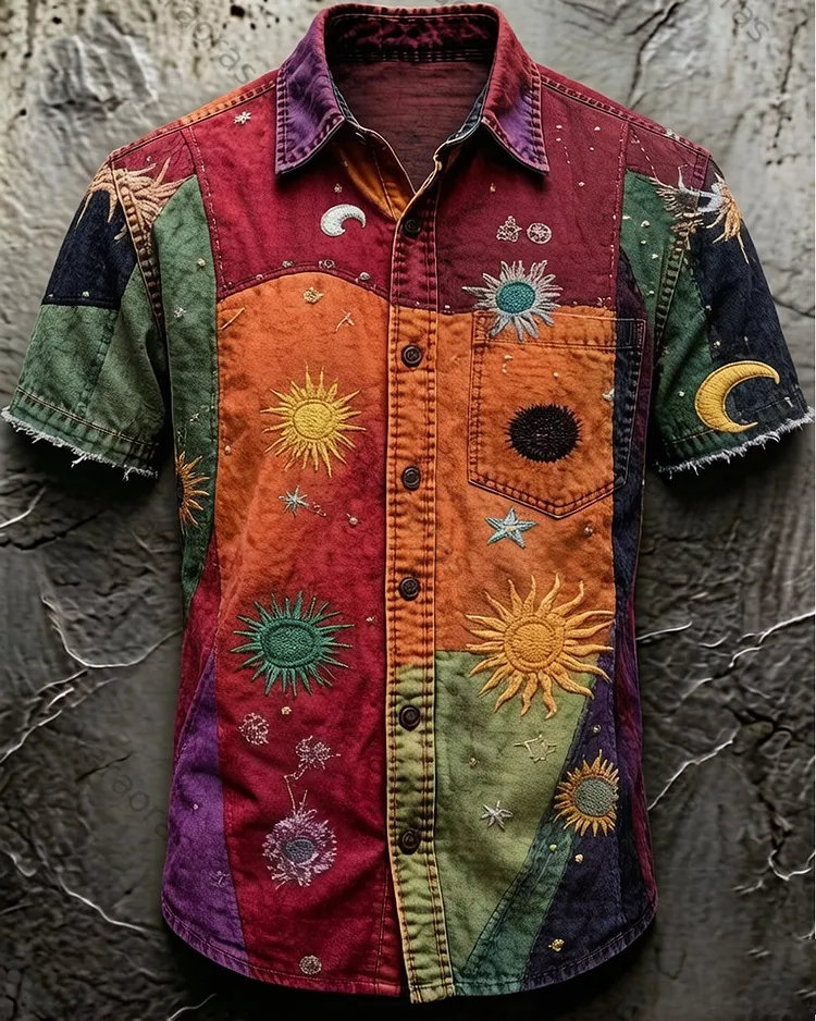 Men's Summer Outdoor Fashion Star Embroidery Color Block Polo Shirt  1445