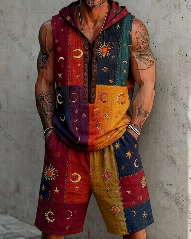 Men's Summer Outdoor Fashion Hippie Star and Moon Embroidered Rainbow Patchwork Top and Shorts Two-Piece Set 1577