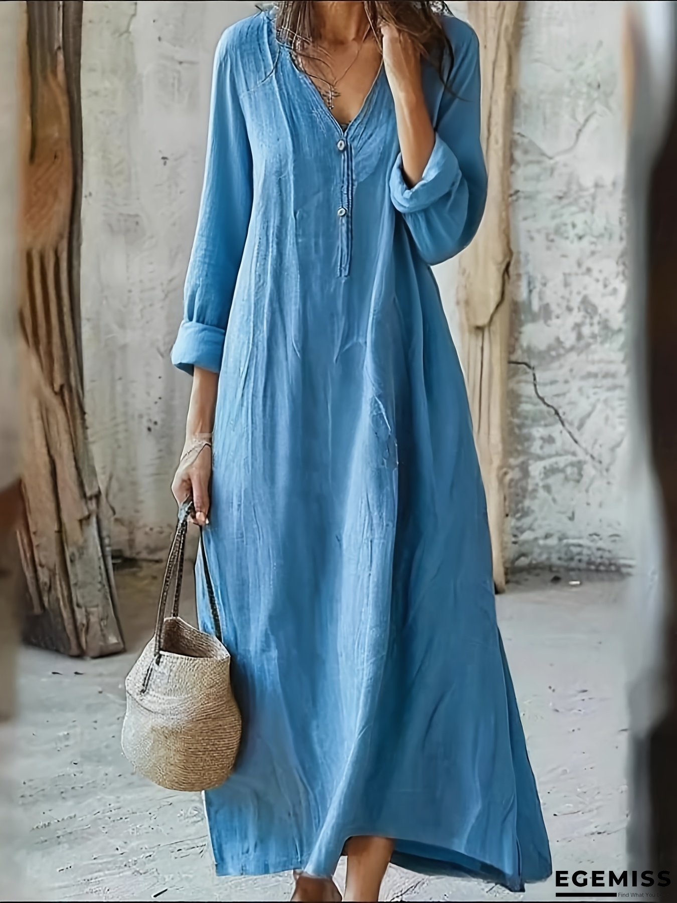 Women's Elegant Long Maxi Dress - Formal & Everyday Long Sleeve A-Line Dress, Button Front Closure, Flowy Fall Party Office Dress In Elegant Solid Color For Women, Long Sleeve Dresses, Casual Wear, Vneck Design, Durable Fabric, Comfortable Wear | EGEMISS