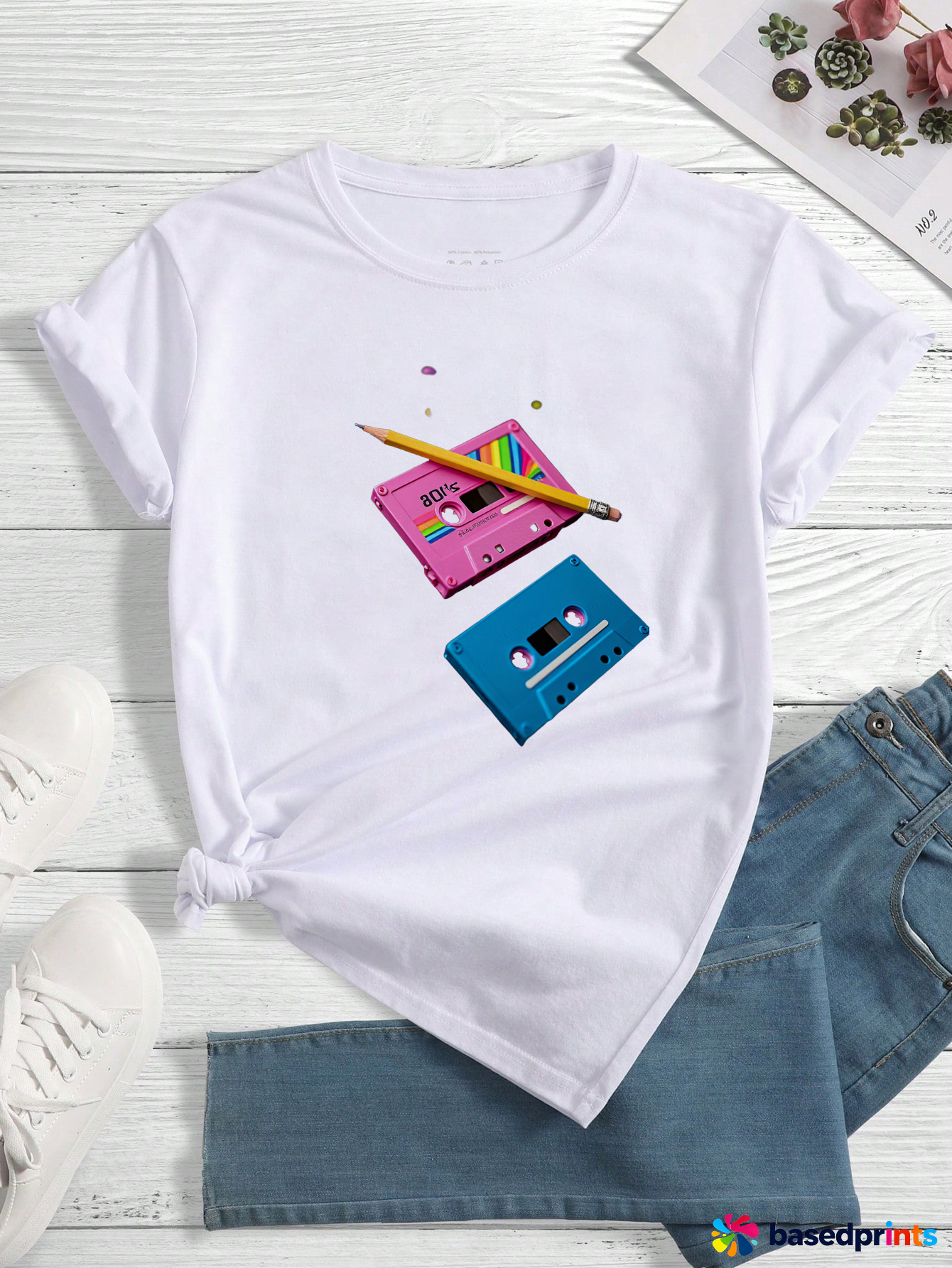 80s Cassette Tape Pencil Tee Shirt Casual Cotton T-Shirt