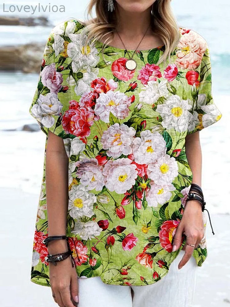 Women's Floral Art Print Linen Top
