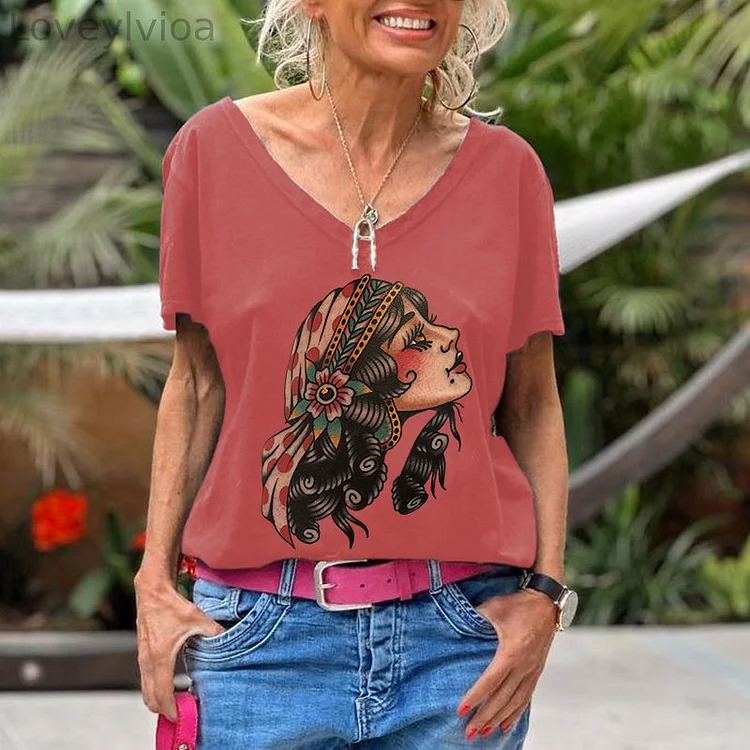 Vintage Hippie Lady Printed Women's V-neck T-shirt