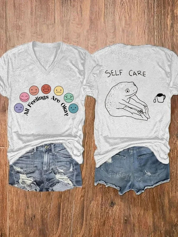 Eagerlys  All Feelings Are Okay Self Care V-Neck Casual T-Shirt Eagerlys
