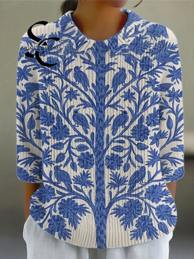 Women's Vintage Flower Art Print Casual Pullover Sweater