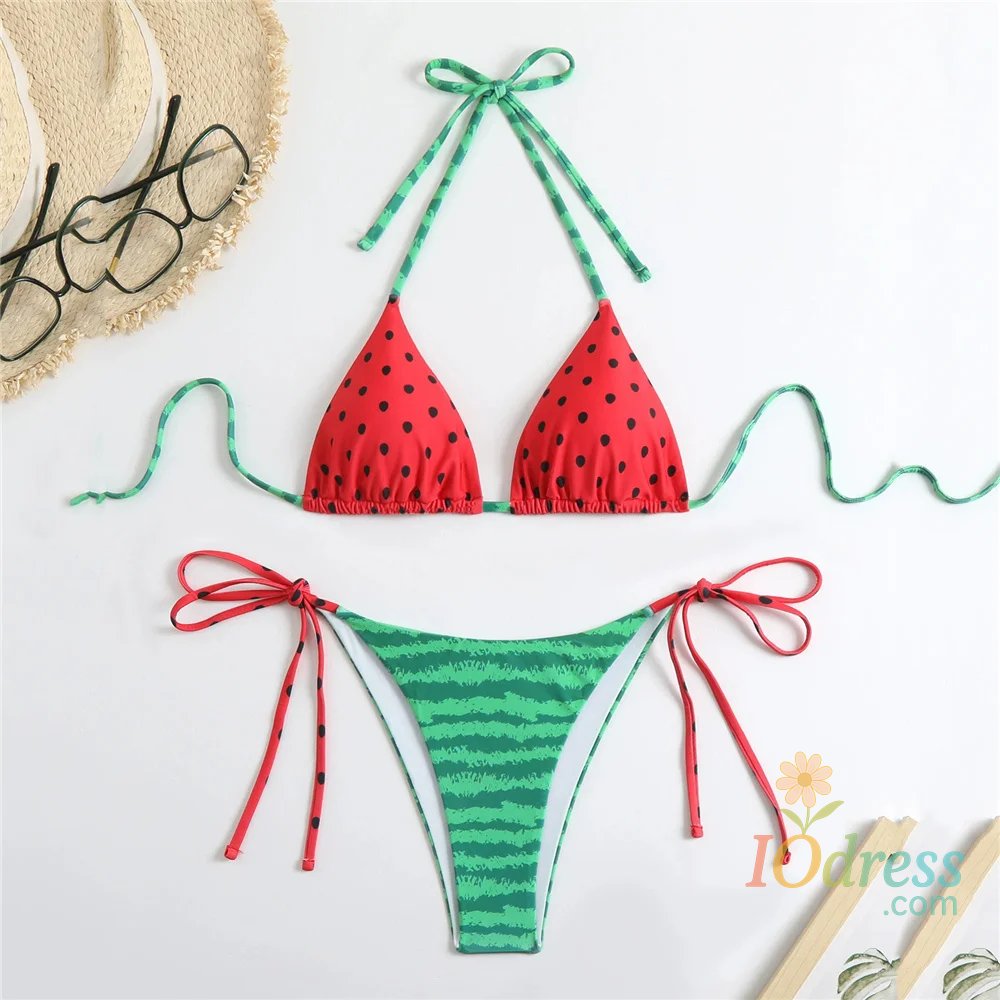 IO Dress Watermelon Print Swimwear String Halter Triangle Thong Micro Bikini 2025 Sexy Swimsuit Women Brazilian Bikinis Sets Beach Wear