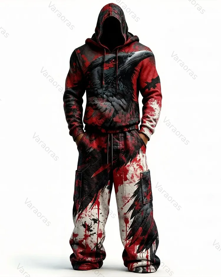 Men's Viking Color-Blocked Raven Embroidered Hoodie and Pants Two-Piece Set 8630