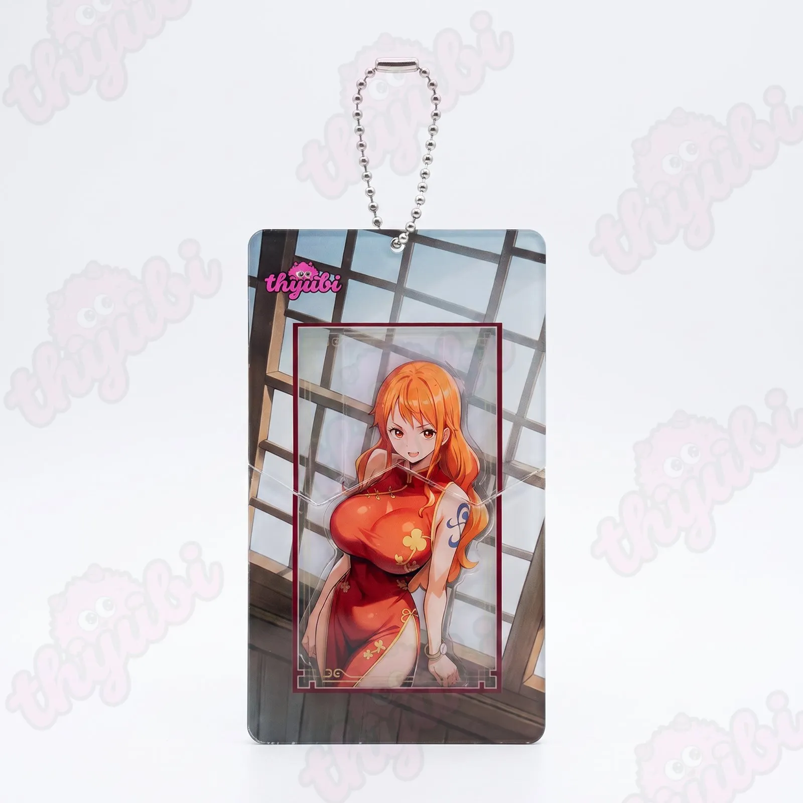 Sliding Pull-Tab Acrylic Keychain & Magnet &ndash; Orange-Haired Anime Girl in Red Cheongsam - thyubioffcial