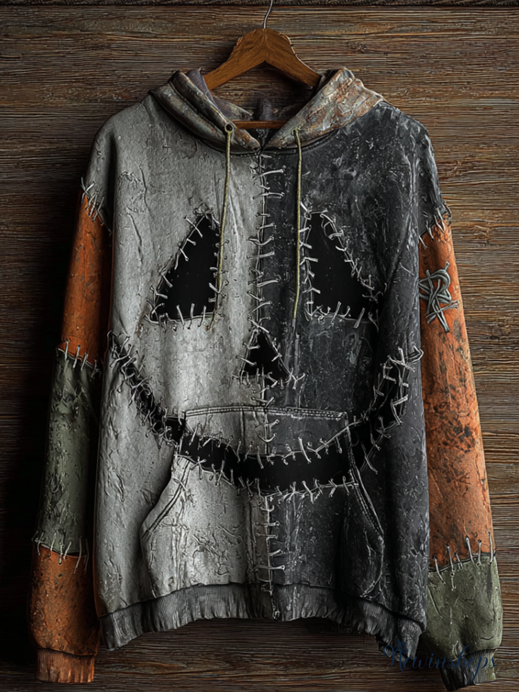 Halloween Ghost Face Distressed Patchwork Hooded Sweatshirt