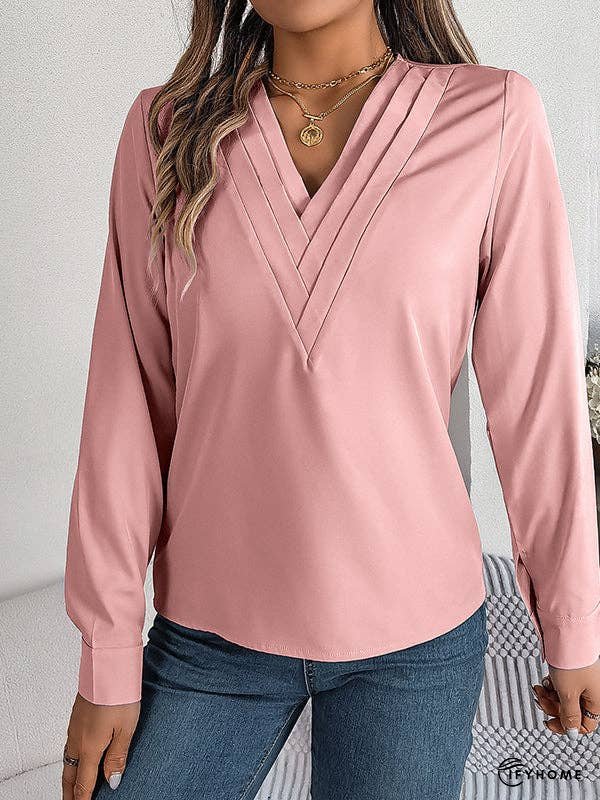 Long Sleeves Loose Pleated Solid Color Split-Joint V-Neck T-Shirts Tops | IFYHOME