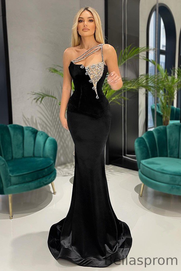 Bellasprom Black Mermaid Prom Dress Long With Crytsal One Shoulder Bellasprom