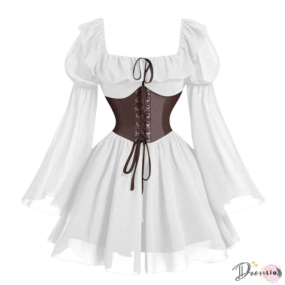 Autumn Pleated A-Line Vintage Dress, Semi-Formal Women's Fall Clothing With Bow Tie Long Sleeve Off-The-Shoulder Belted Waist Slim Fit Commuter Dress, Evening Wear, Office Attire, Offshoulder Design, Elegant Dress, Classic Tailoring, Tailored Fit