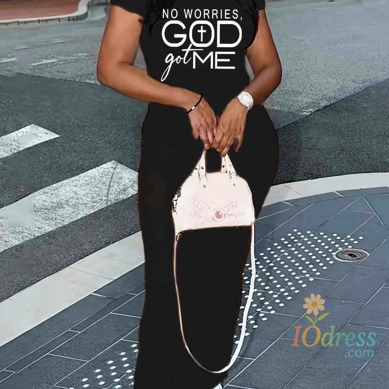 IO Dress Summer women's slim fit elastic black and white round neck short sleeved T-shirt dress long dress women's clothing