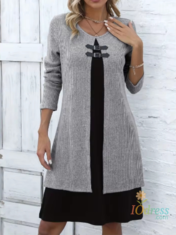 IO Dress Color Blocked Round Neck Long Sleeved Button Casual Women's Dress Fashionable High Street Daily Commuting Style Spring Dresses