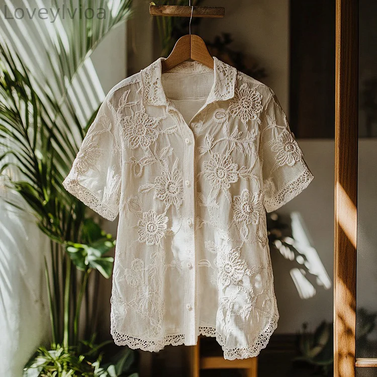 Women's Lovely Floral Lace Embroidery Art Shirt