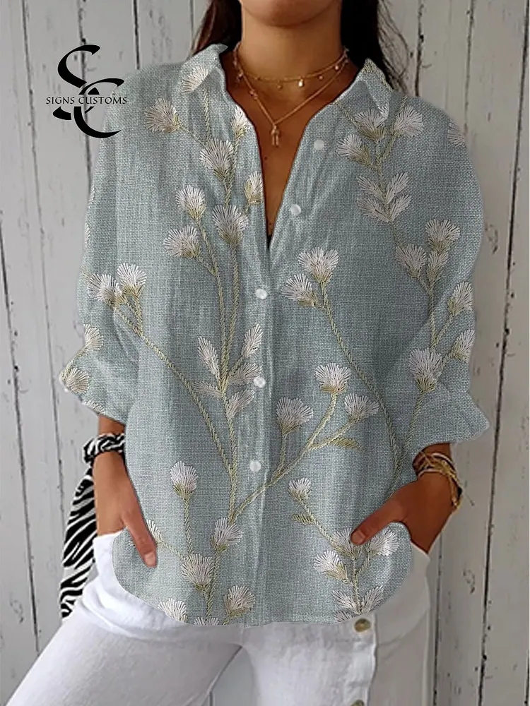 Women's  Vintage Flower Art Print Casual Linen V-neck Shirt
