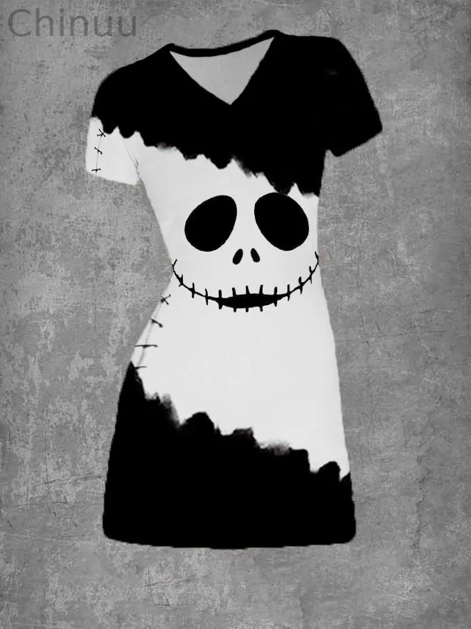 Women's Halloween Grimace Stitched Print V-Neck Dress