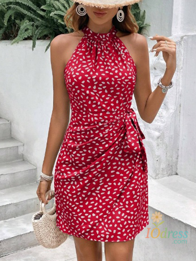 IO Dress Solid Colored Polka Dot Mini Dresses Women's Camisole Sleeveless Lace Up Dress Summer Vacation Party Dress Robe