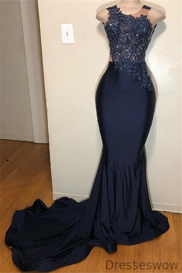 Dresseswow Dark Navy Appliques Mermaid Prom Dress Long Sleeveless