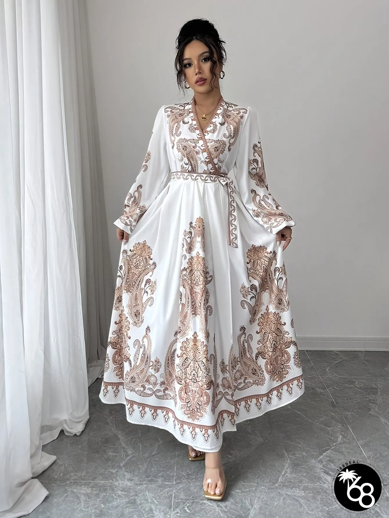 Lightweight Luxurious Elegant Palace-Style Long Dress For Women V-Neck Lantern Sleeves | 168DEAL