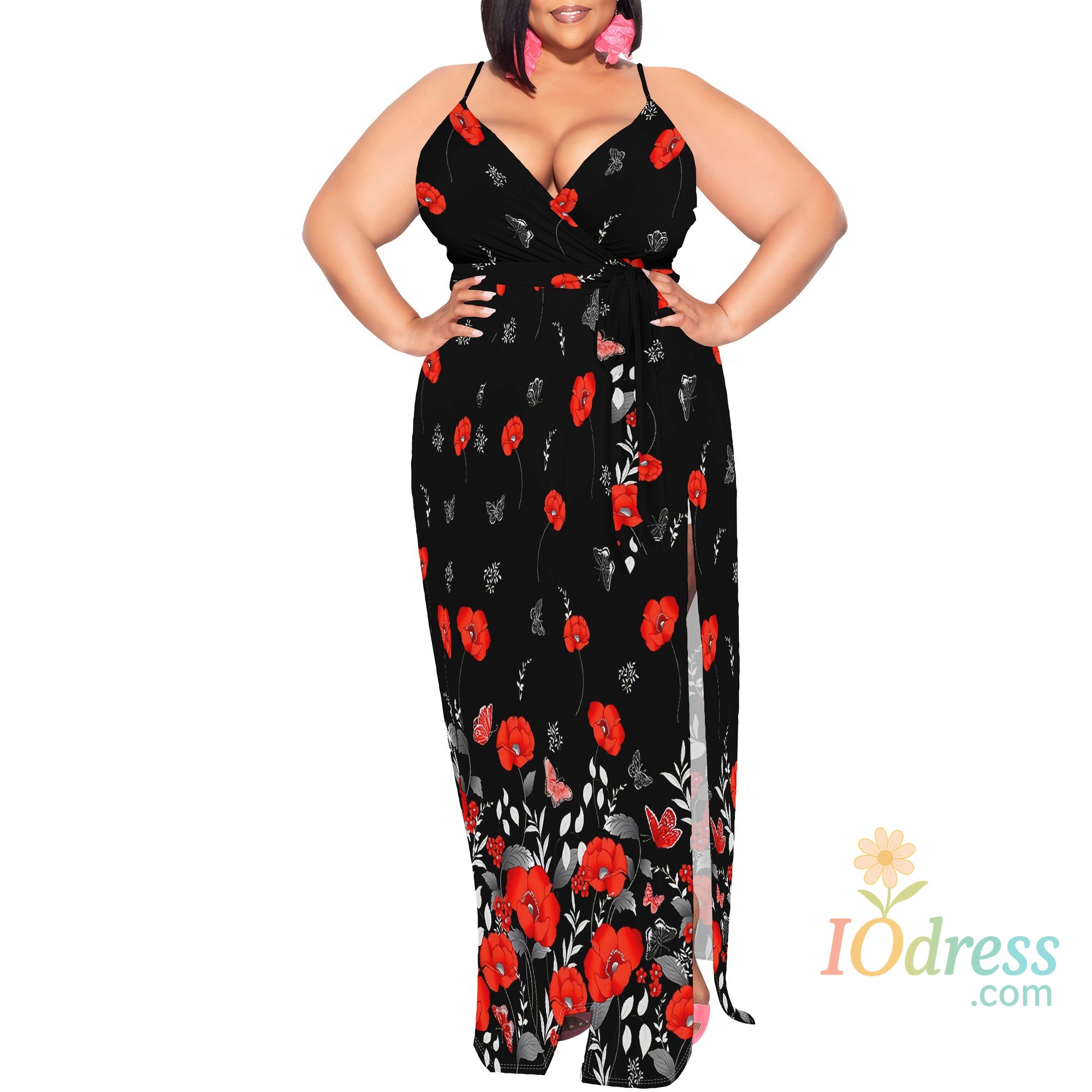 IO Dress Sunflower Print Plus Size Dress XL-6XL Spaghetti Strap Wrap Maxi Style with Side Slit for Summer Vacation or Garden Party Look IO Dress