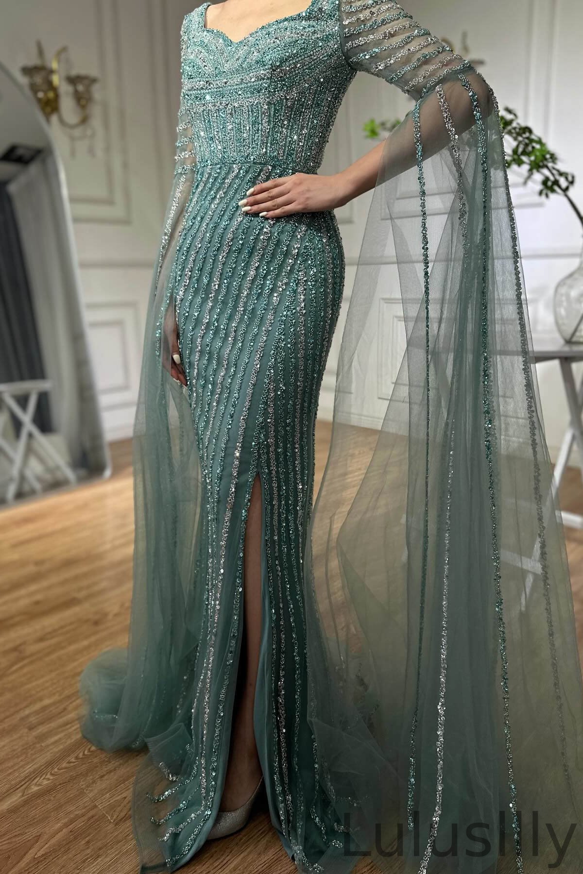 Classic Sweetheart Ruffle Sleeves Mermaid Evening Gowns With Split Sequins Beadings - lulusllly