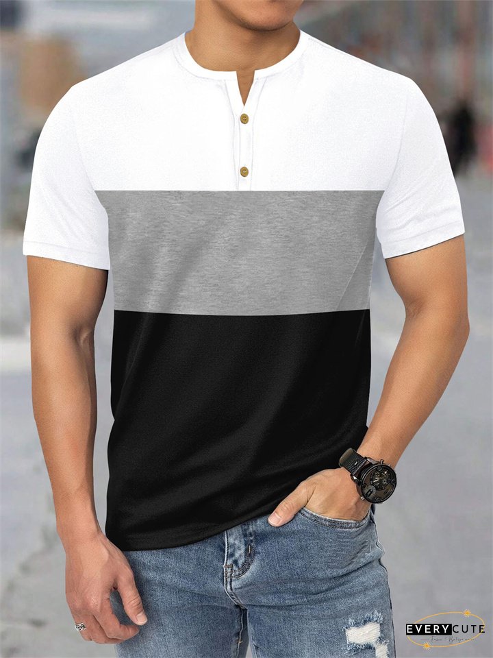 Summer New Large Size Mens Short-sleeved Casual Sports Three-color Splicing T-shirt Henley