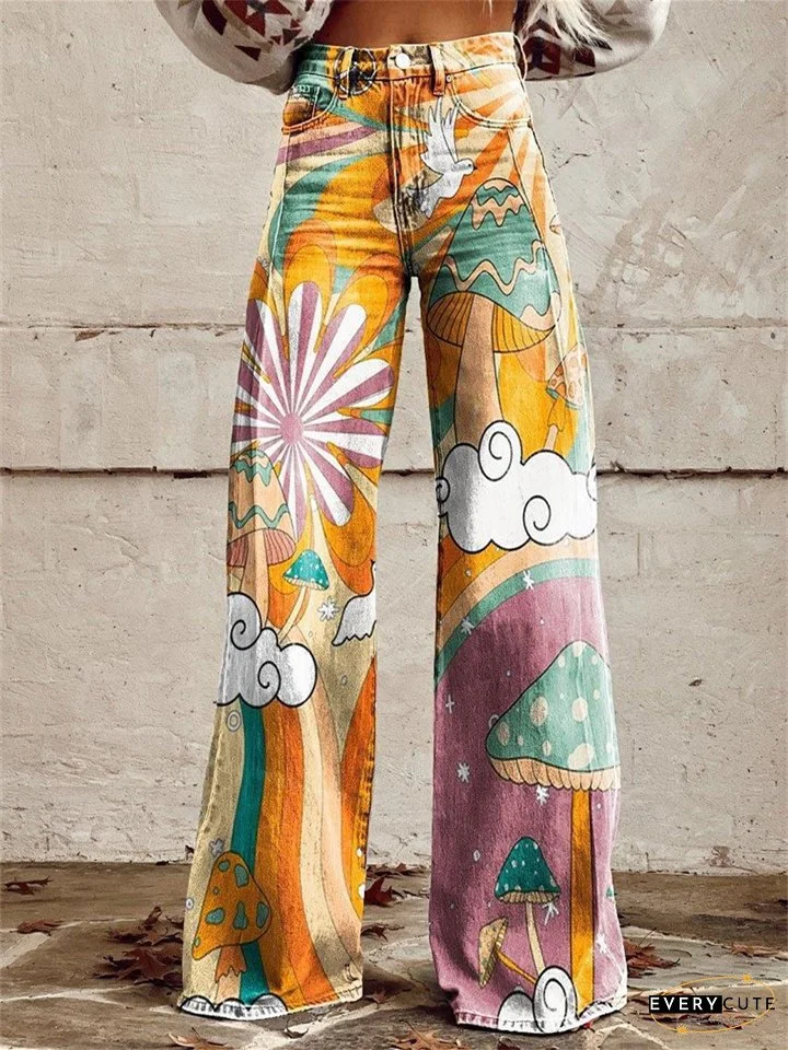 Women's New 3D Printed Flare Pants Imitation Denim Pants Jeans