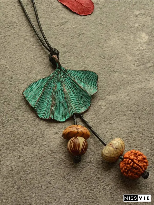 Vintage Wooden Beaded Leaf Shape Necklaces Accessories