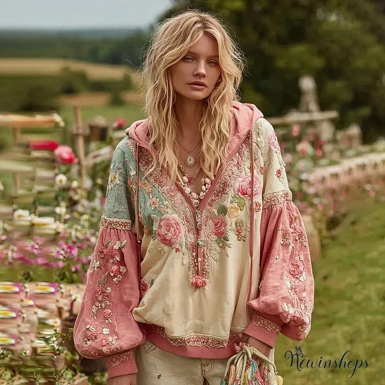 Women's Vintage Rose Floral Art Casual Half Zip Sweatshirt