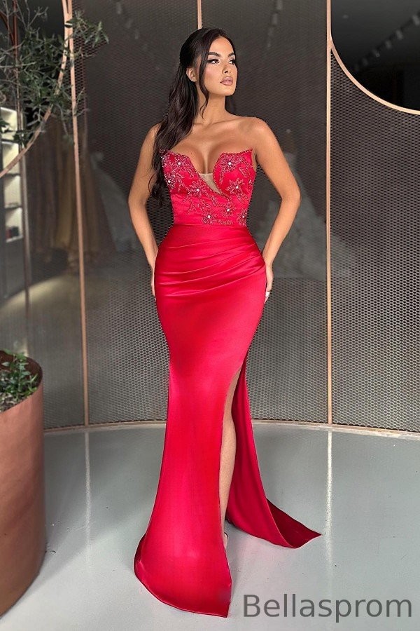 Bellasprom Red Sweetheart Mermaid Evening Gown Long Slit With Beadings Bellasprom