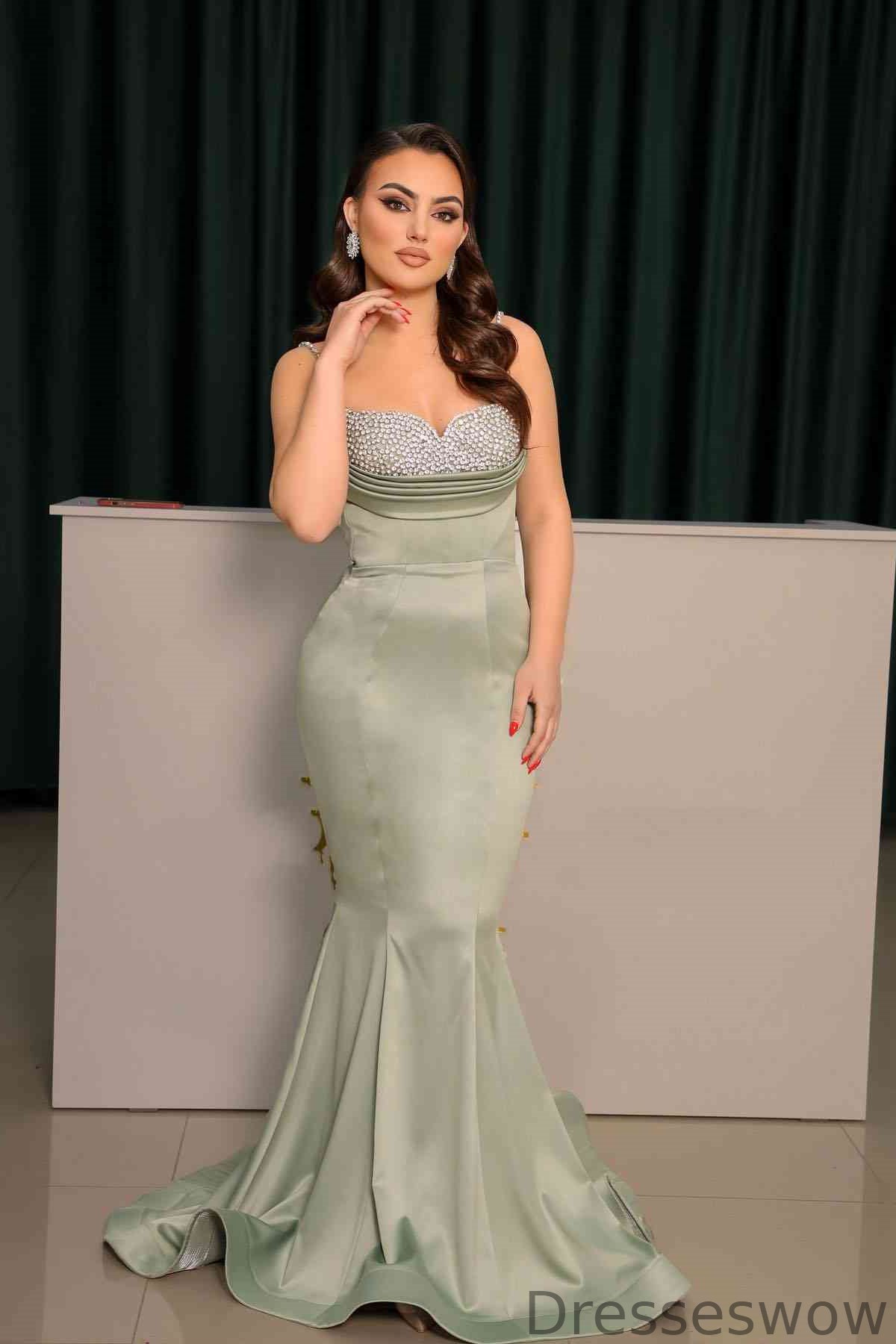 Dresseswow Dusty Sage Sweetheart Sleeveless Mermaid Prom Gown With Beadings Spaghetti-Straps